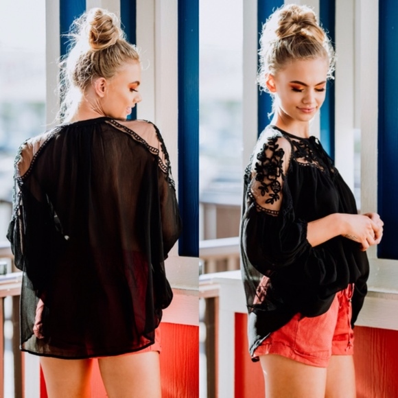 Sheer Tie-Front Lace Detail Top - BLACK - Picture 2 of 4